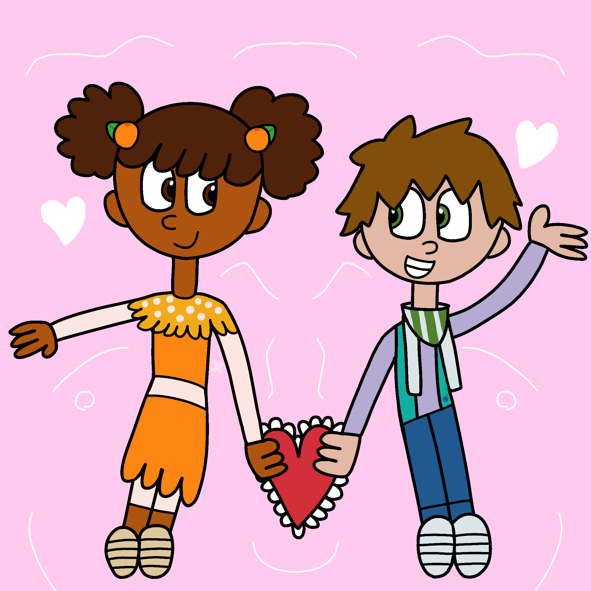 A drawing of Huckleberry Pie and Orange Blossom holding a red heart-shaped card.