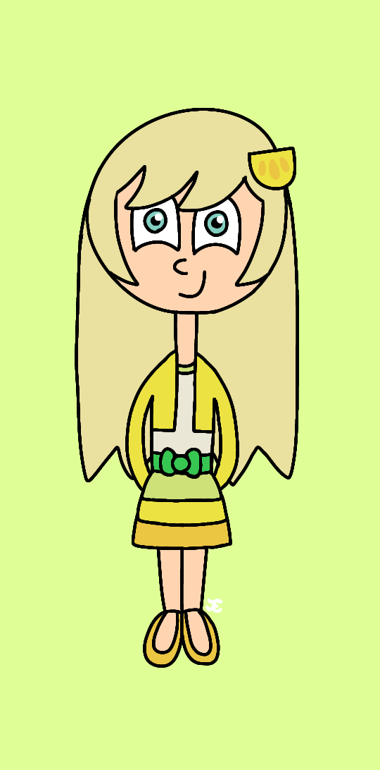 A drawing of Lemon Meringue. She has peachy skin, blue eyes, and long blonde hair. She is wearing a white T-shirt with a lime green collar, a yellow cardigan, a tricolor skirt that is lime green, yellow, and orange with a green ribbon, yellow flats, and a hairclip that resembles a lemon slice.